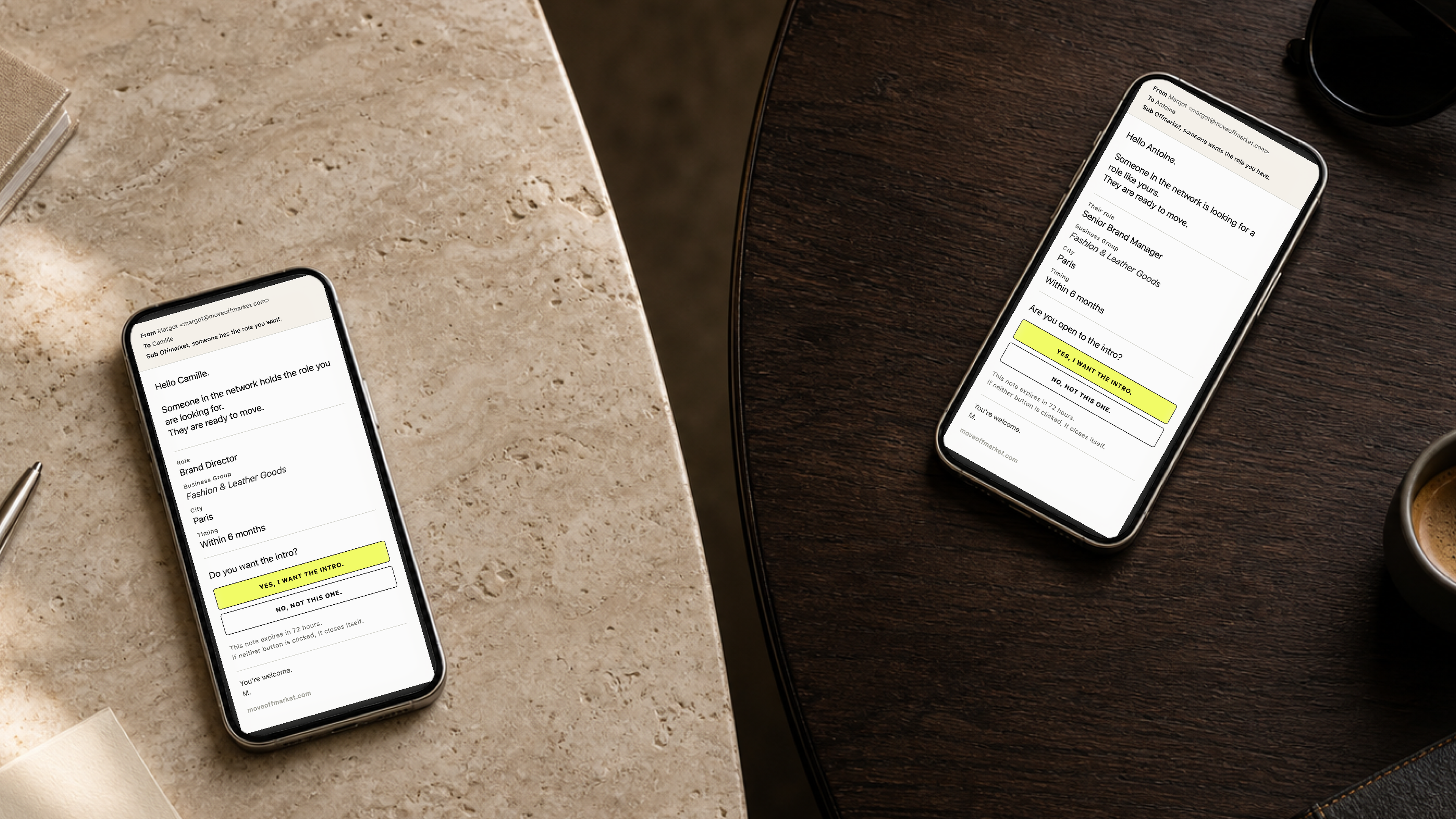 Two anonymous Offmarket match emails shown on phones.